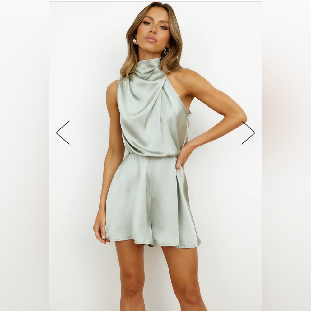 HELLO MOLLY ON A DRIVE SATIN PARTY DRESSY ROMPER SAGE GREEN SIZE 2